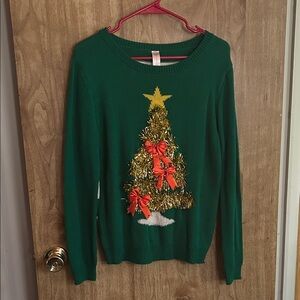No Boundaries Green Festive Sweater with Gold and Red Accents and Jingle Bells